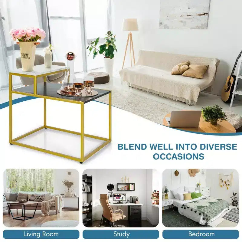 2-Tier End Side Table, Metal Frame Nightstand with Storage Shelf for Living Room