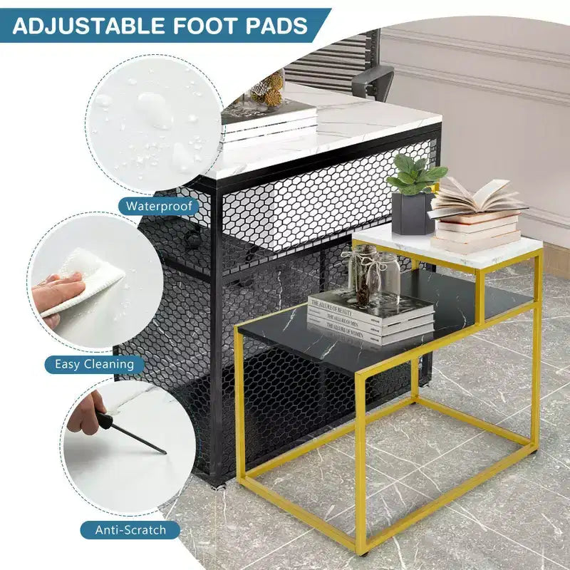 2-Tier End Side Table, Metal Frame Nightstand with Storage Shelf for Living Room