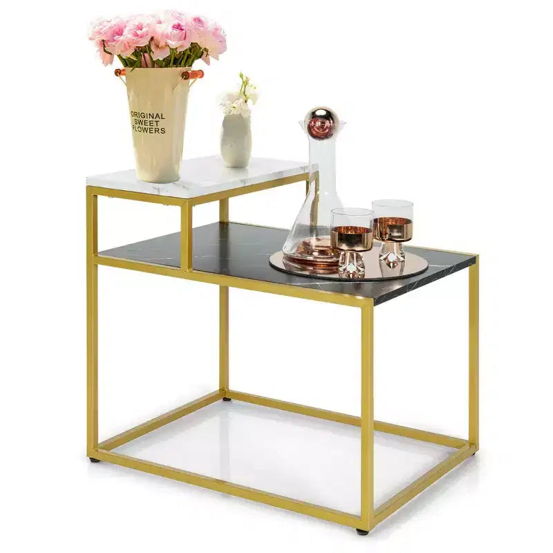 2-Tier End Side Table, Metal Frame Nightstand with Storage Shelf for Living Room