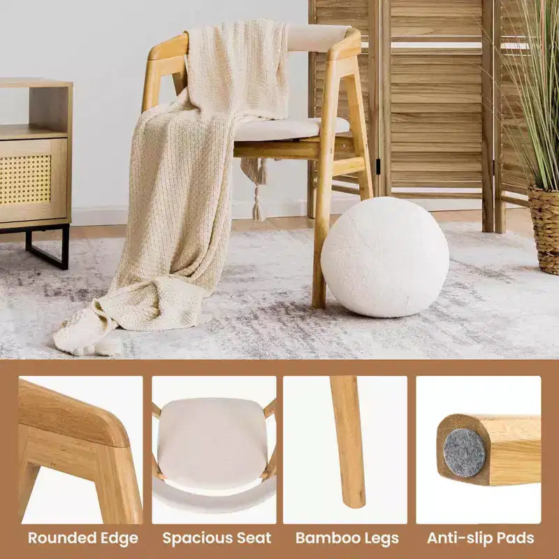 Set of 2 Bamboo Accent Chairs, Leisure Armchairs with Seat Cushion